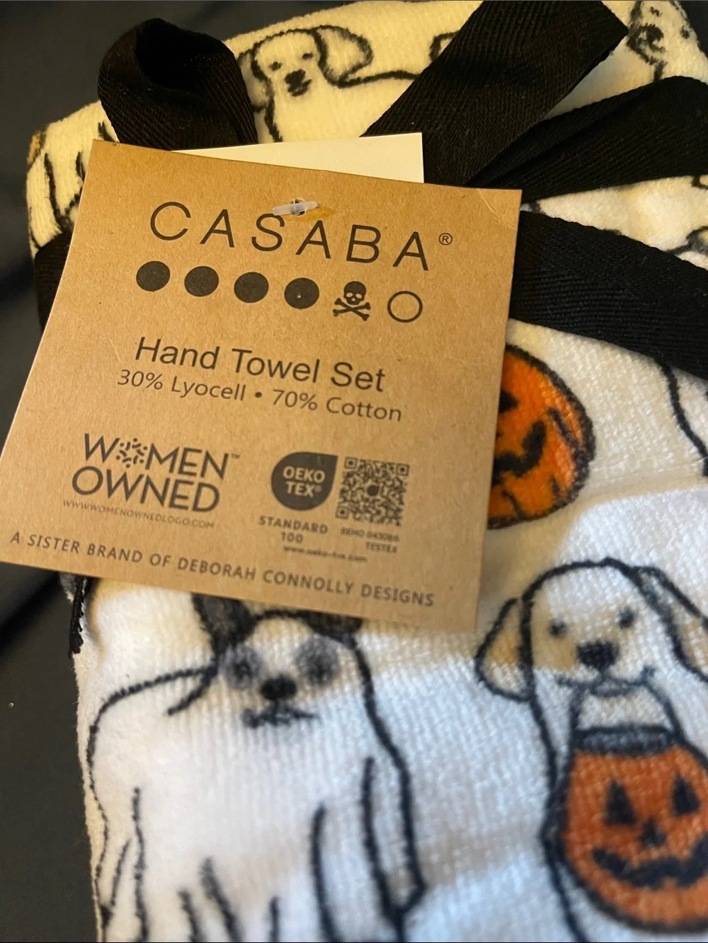 Casaba White Halloween Dog & Pumpkin Print Hand Towel Set